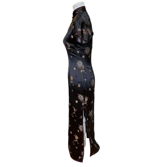 Vintage 90s SOLZ Squirrel Black Floral Satin Cheongsam Maxi Dress Size 34 Small